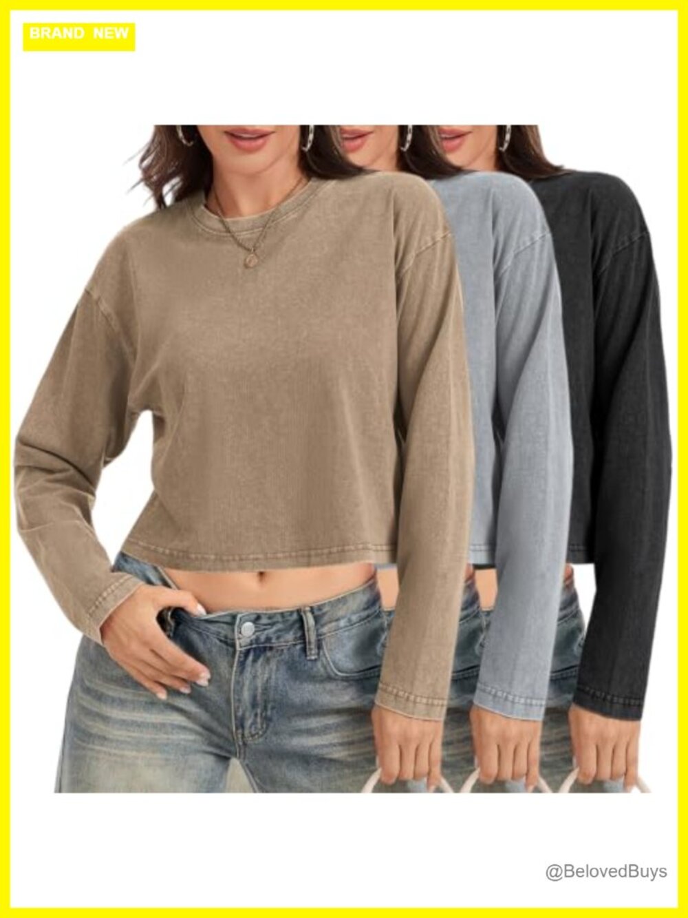 Oversized Acid Wash Crop Top Long Sleeve Crew Neck Womens